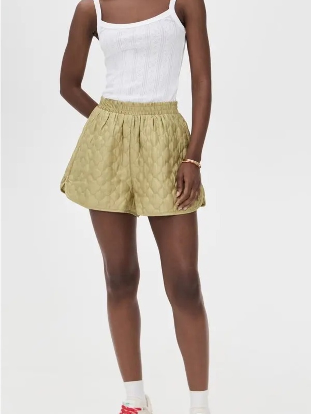 Quilted Olive Athletic Shorts with Elastic Waist